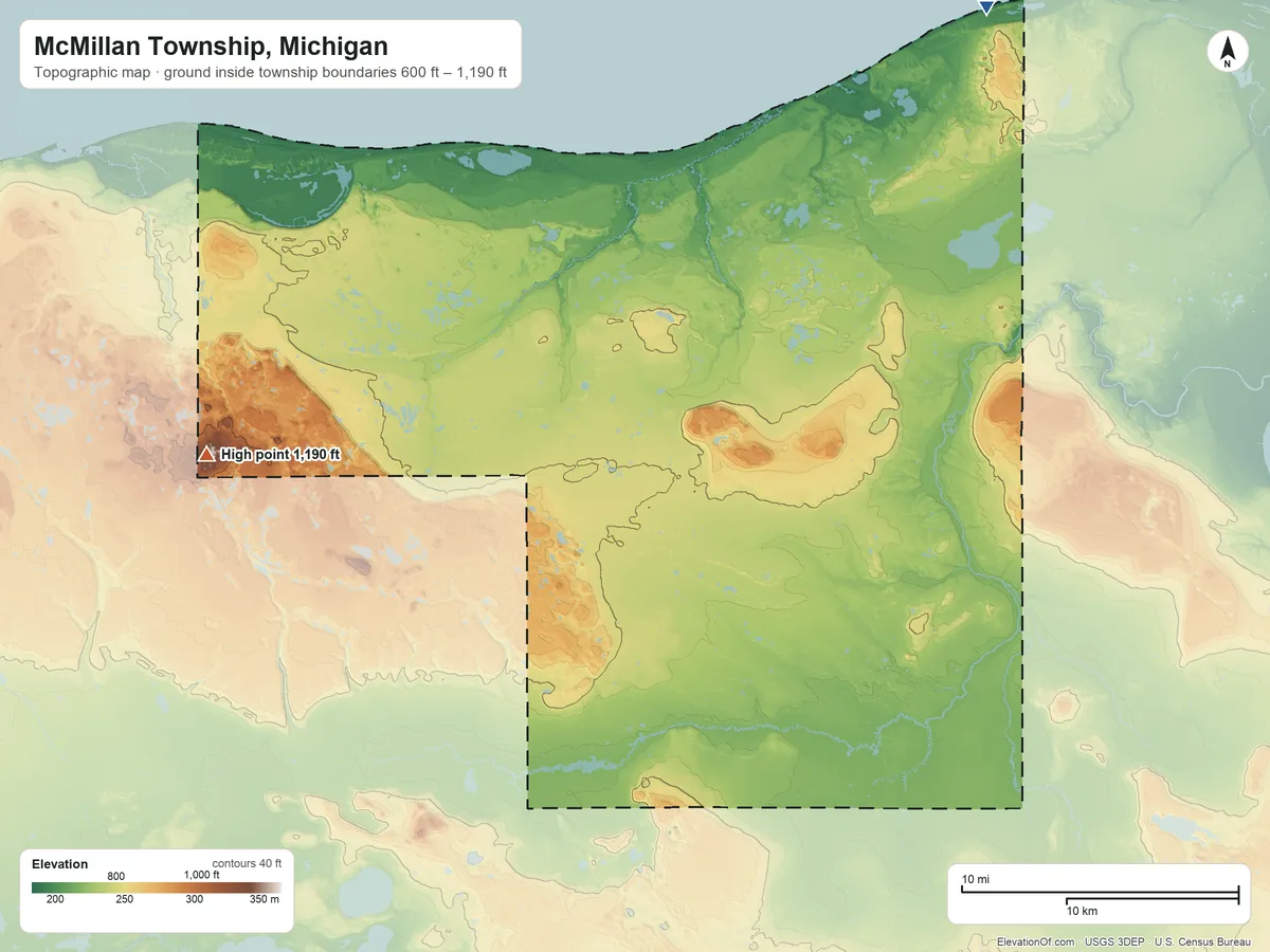Topographic elevation map of McMillan Township, Michigan, shaded from 600 ft on the northeast side to 1,190 ft on the northwest side