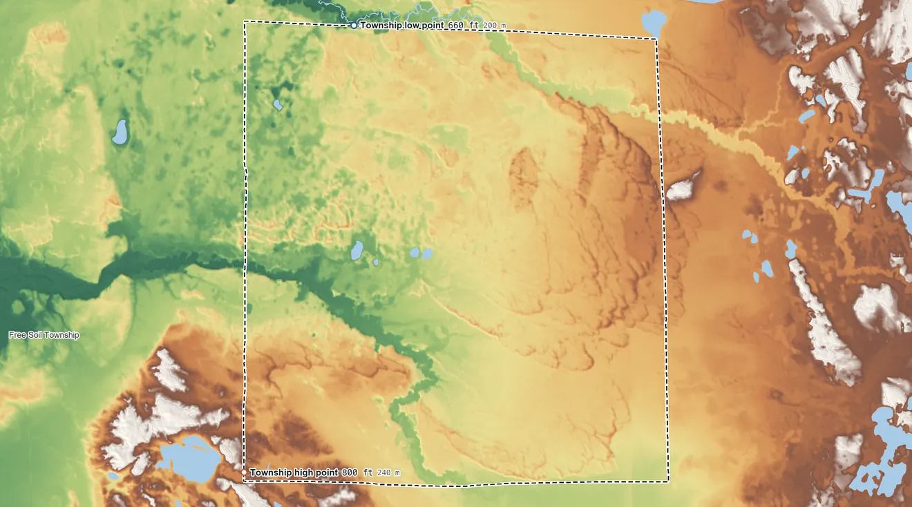 Topographic elevation map of Meade Township, Mason County, Michigan, shaded from 660 ft on the north side to 800 ft on the southwest side