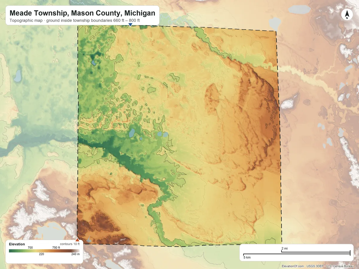 Topographic elevation map of Meade Township, Mason County, Michigan, shaded from 660 ft on the north side to 800 ft on the southwest side
