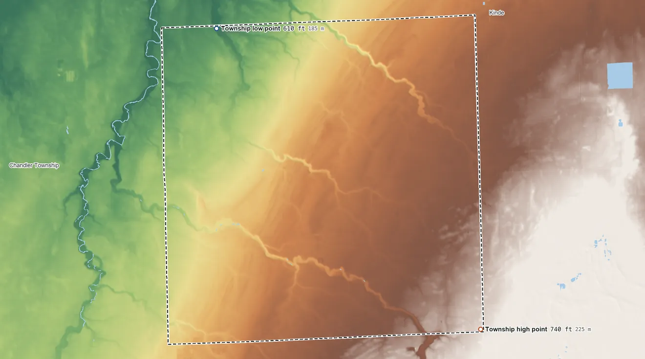 Topographic elevation map of Meade Township, Michigan, shaded from 610 ft on the northwest side to 740 ft on the southeast side