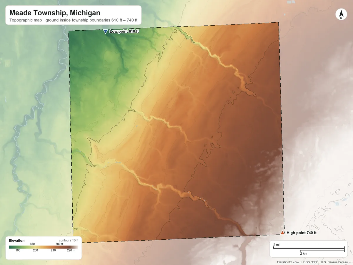 Topographic elevation map of Meade Township, Michigan, shaded from 610 ft on the northwest side to 740 ft on the southeast side