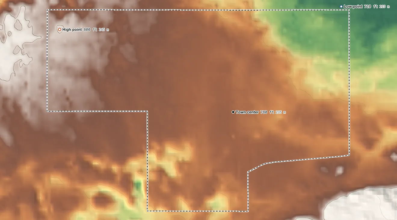 Topographic elevation map of Mears, Michigan, shaded from 710 ft on the northeast side to 800 ft on the northwest side