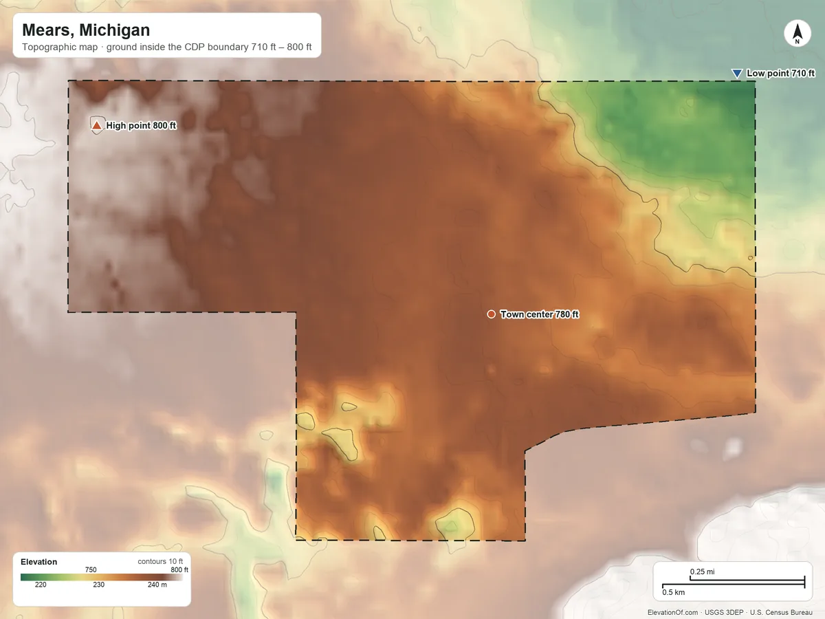 Topographic elevation map of Mears, Michigan, shaded from 710 ft on the northeast side to 800 ft on the northwest side