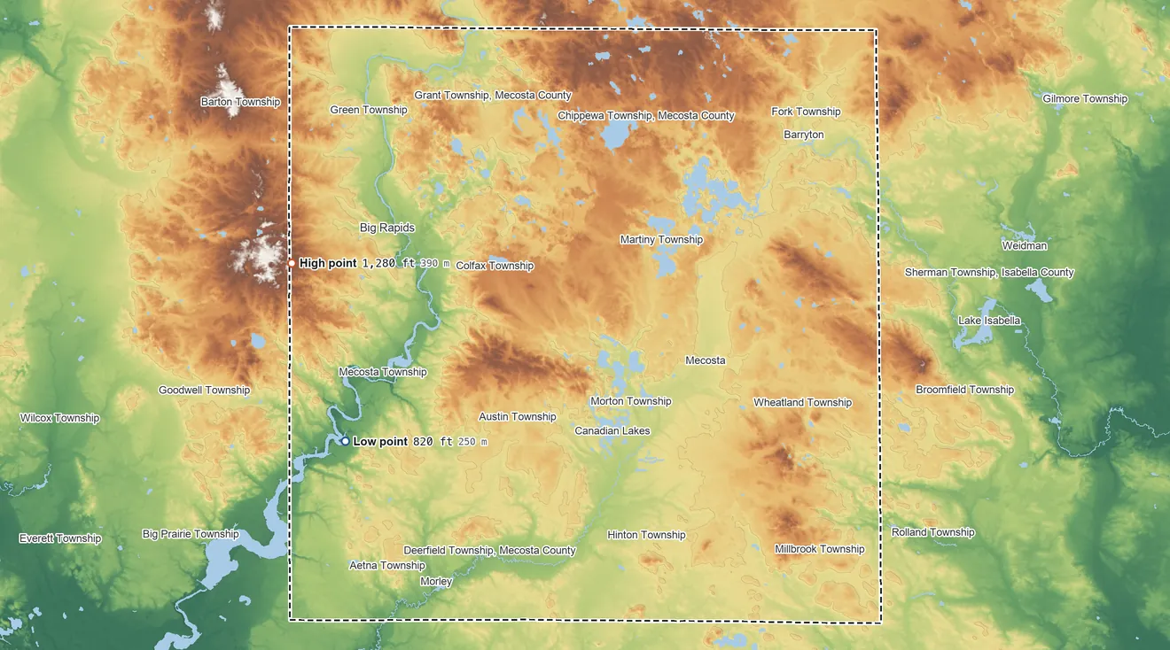 Topographic elevation map of Mecosta County, Michigan, shaded from 820 ft on the southwest side to 1,280 ft on the west side