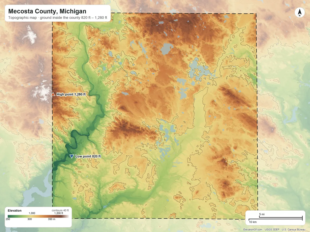 Topographic elevation map of Mecosta County, Michigan, shaded from 820 ft on the southwest side to 1,280 ft on the west side