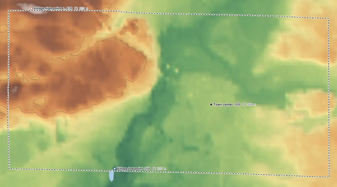 Topographic elevation map of Mecosta, Michigan, shaded from 960 ft on the southwest side to 1,030 ft on the northwest side