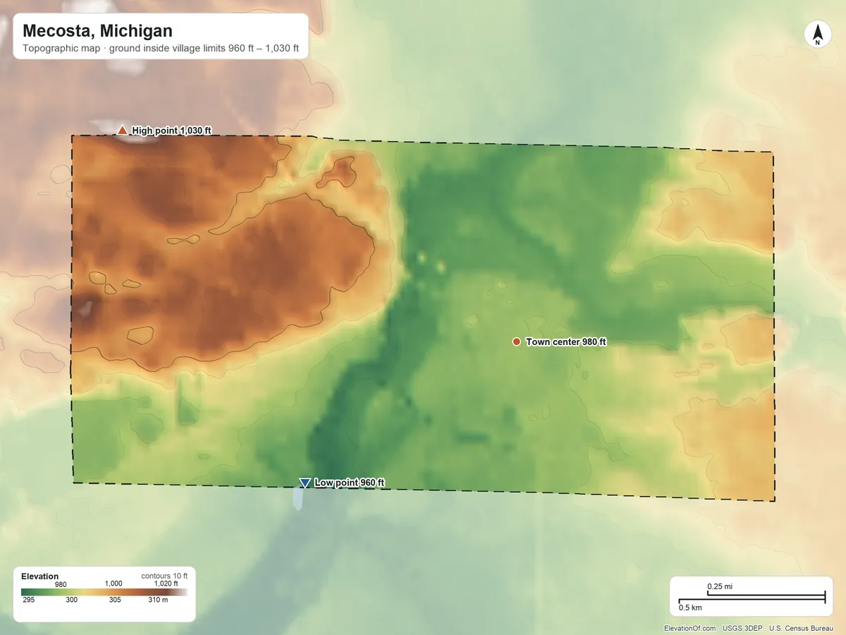 Topographic elevation map of Mecosta, Michigan, shaded from 960 ft on the southwest side to 1,030 ft on the northwest side