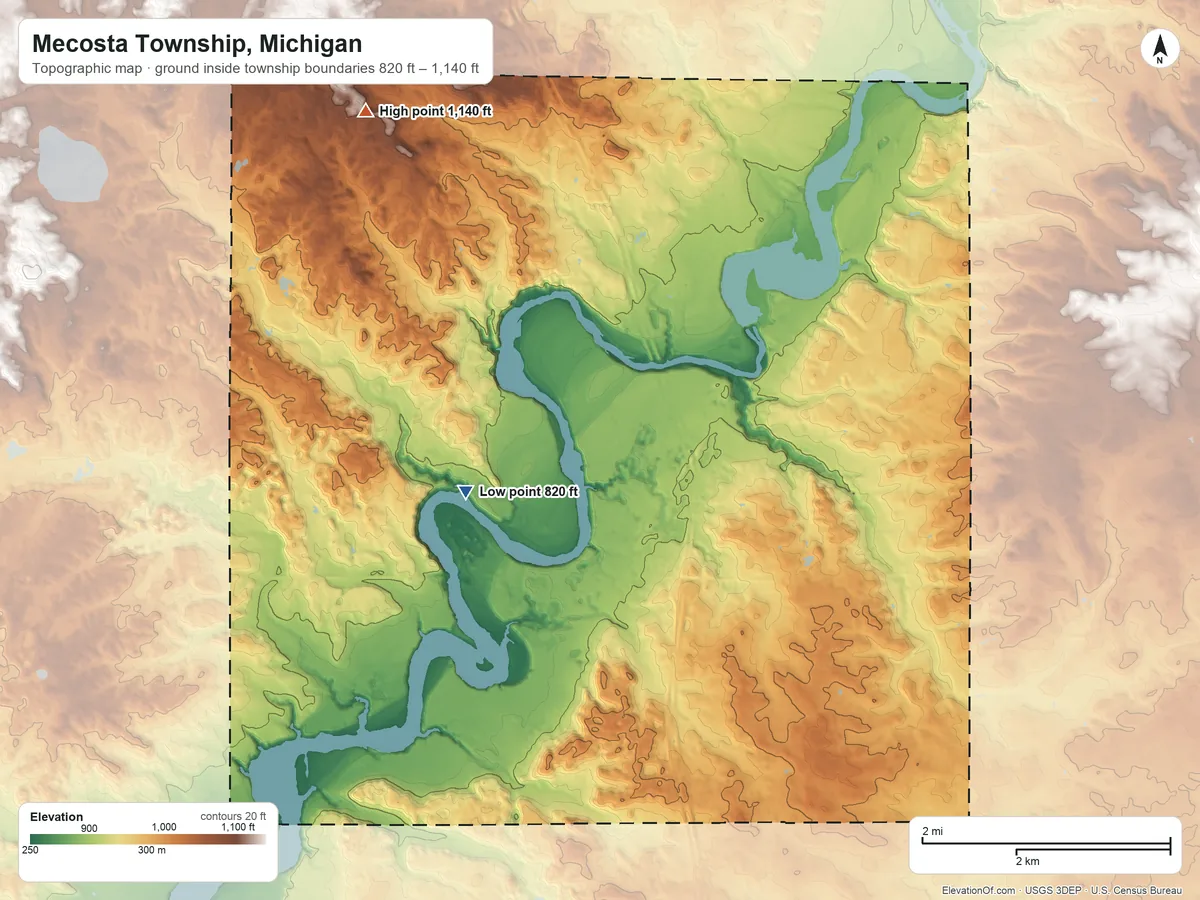 Topographic elevation map of Mecosta Township, Michigan, shaded from 820 ft on the southwest side to 1,140 ft on the northwest side