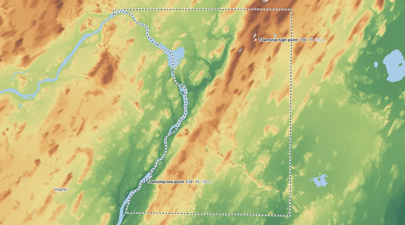 Topographic elevation map of Mellen Township, Michigan, shaded from 630 ft on the southwest side to 780 ft on the north side