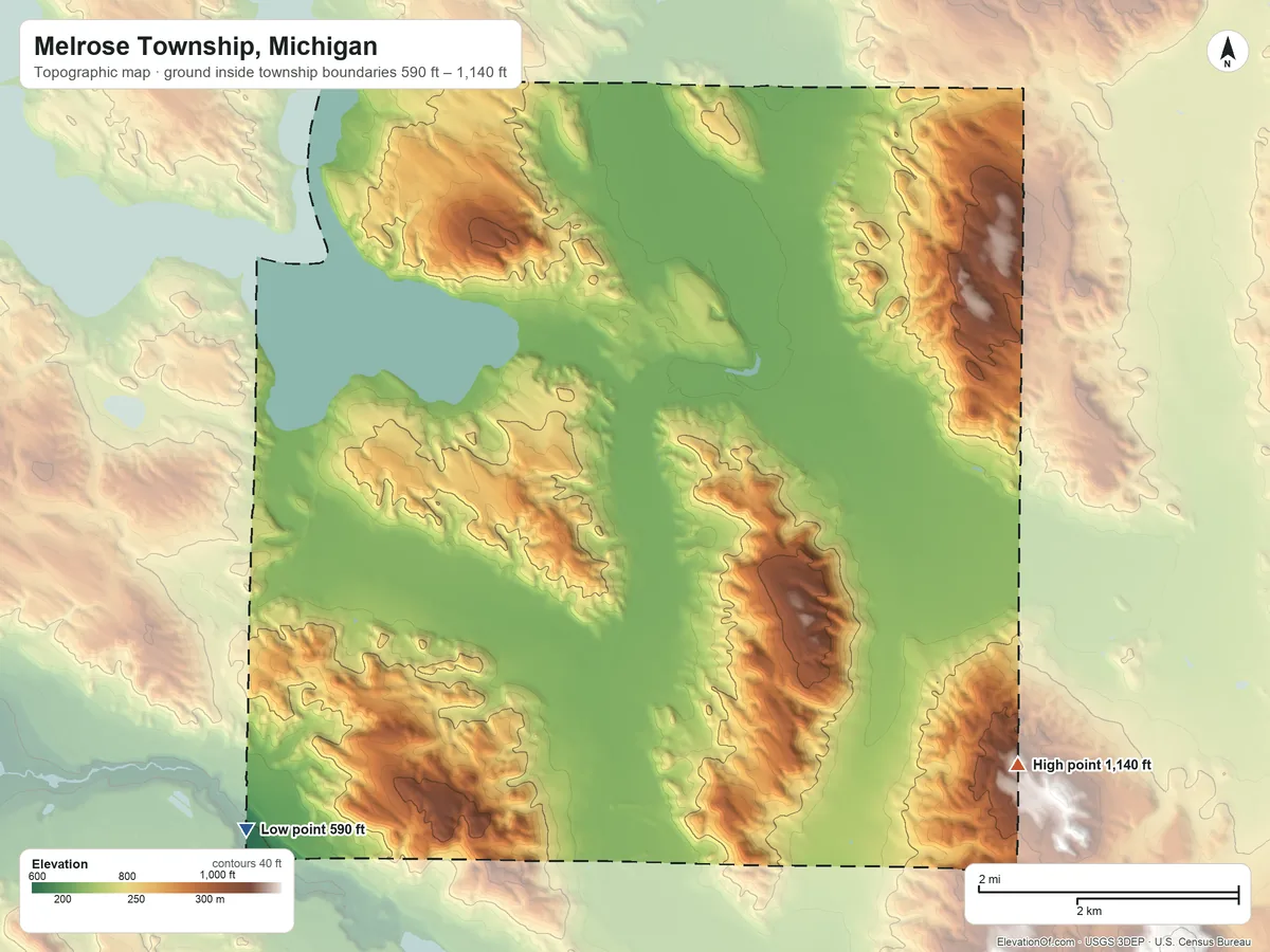Topographic elevation map of Melrose Township, Michigan, shaded from 590 ft on the southwest side to 1,140 ft on the southeast side