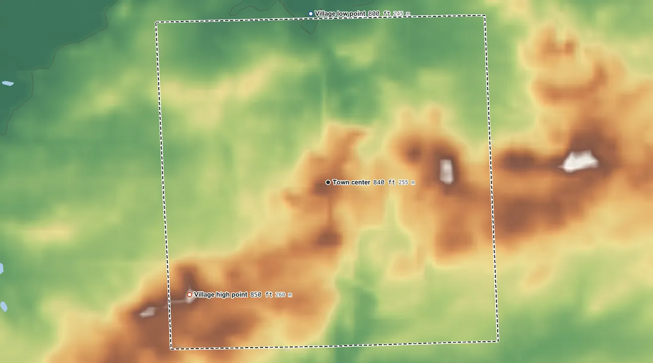 Topographic elevation map of Melvin, Michigan, shaded from 800 ft on the north side to 850 ft on the southwest side