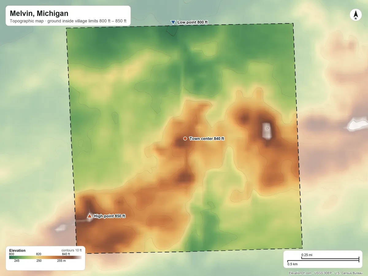 Topographic elevation map of Melvin, Michigan, shaded from 800 ft on the north side to 850 ft on the southwest side
