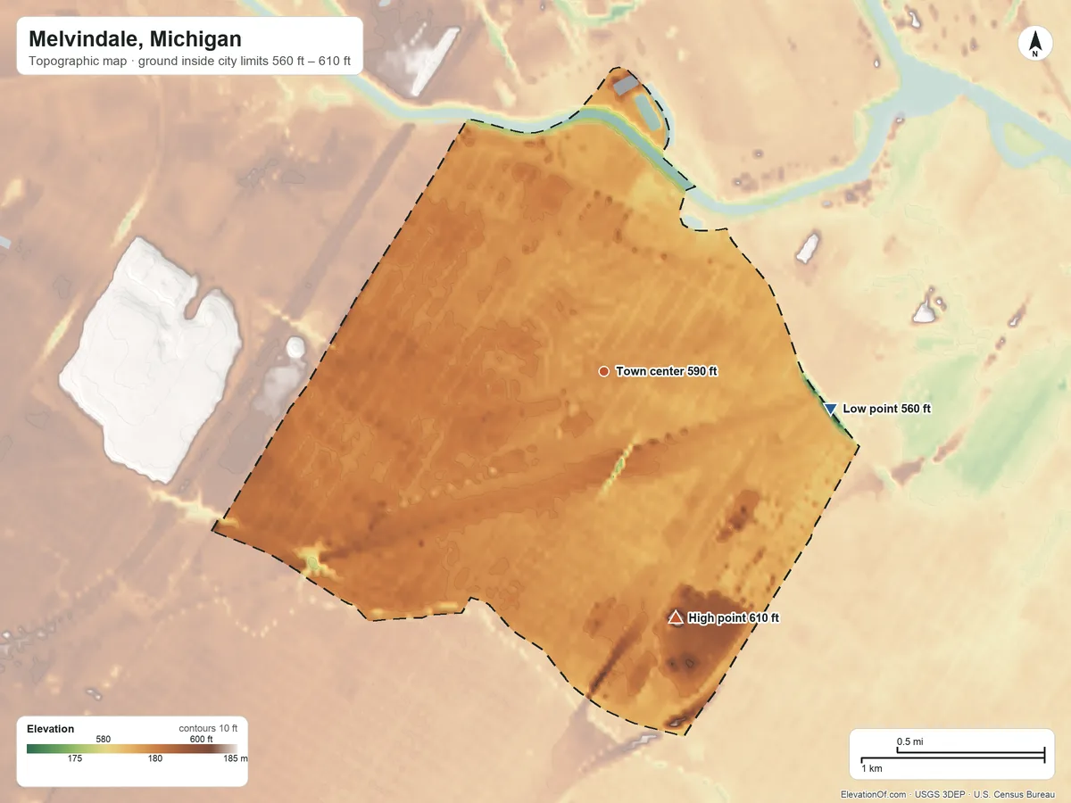 Topographic elevation map of Melvindale, Michigan, shaded from 560 ft on the east side to 610 ft on the south side