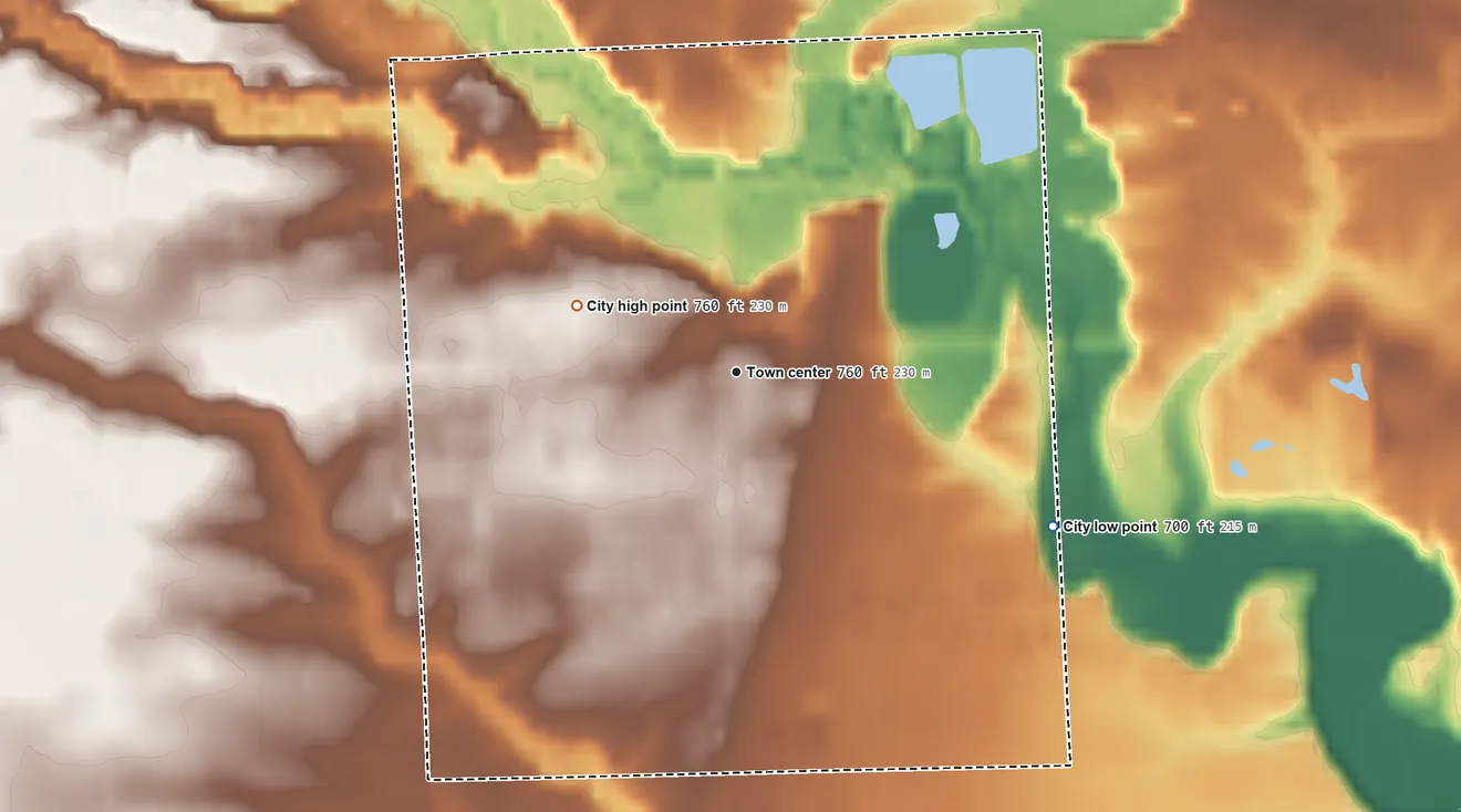 Topographic elevation map of Memphis, Michigan, shaded from 700 ft on the southeast side to 760 ft on the northwest side