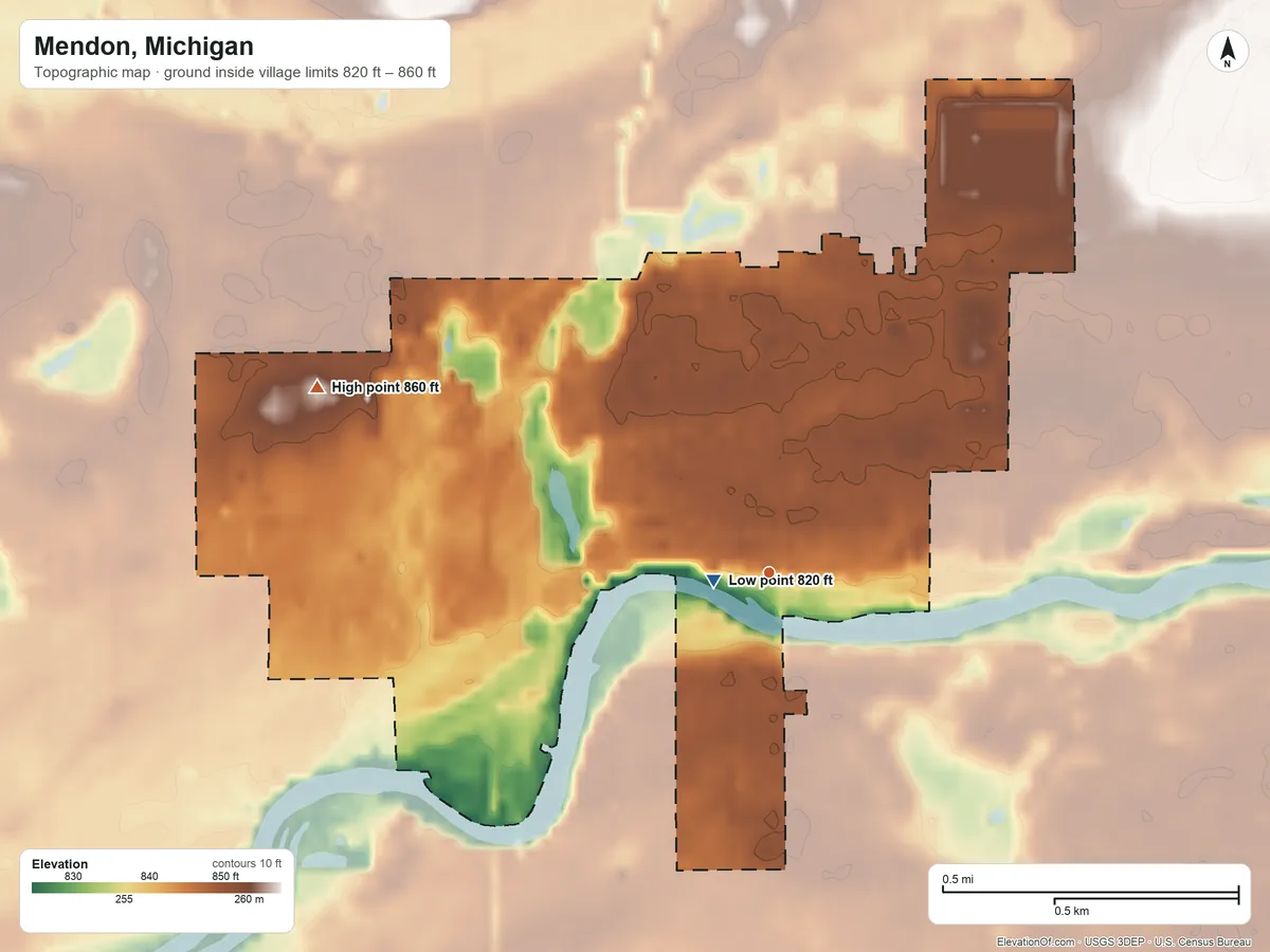 Topographic elevation map of Mendon, Michigan, shaded from 820 ft near the middle to 860 ft on the west side