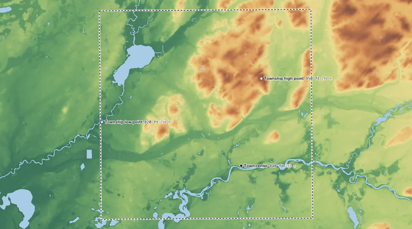 Topographic elevation map of Mendon Township, Michigan, shaded from 820 ft on the west side to 950 ft on the north side