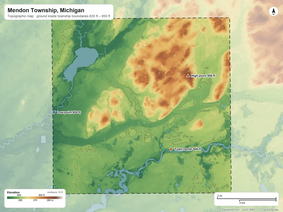 Topographic elevation map of Mendon Township, Michigan, shaded from 820 ft on the west side to 950 ft on the north side