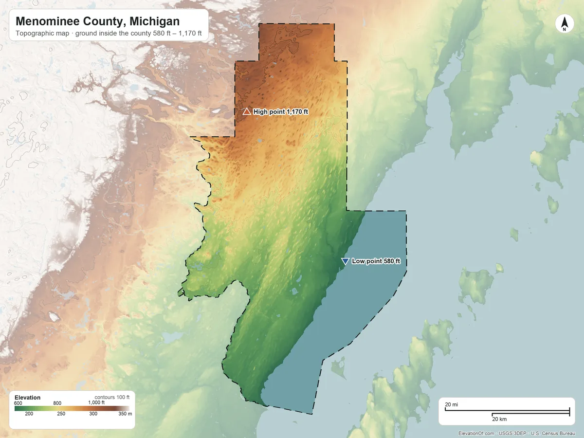 Topographic elevation map of Menominee County, Michigan, shaded from 580 ft on the southeast side to 1,170 ft on the northwest side