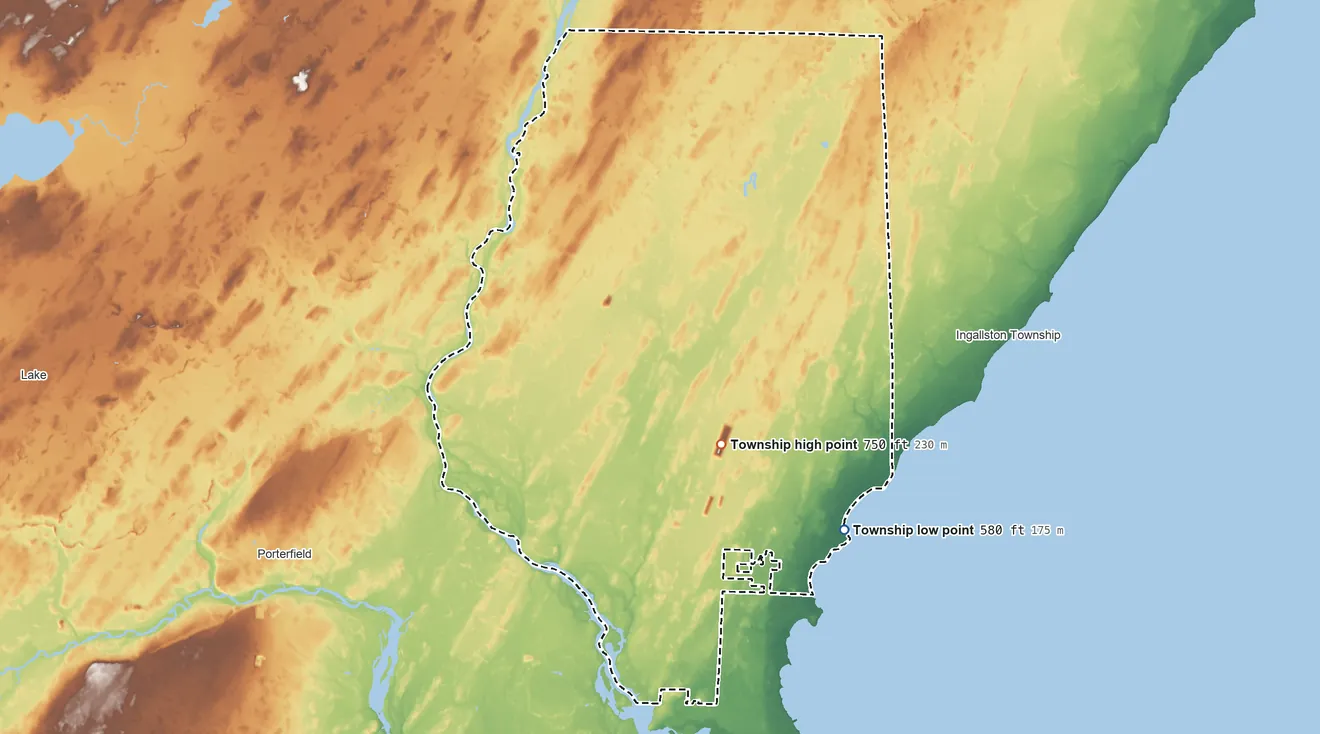Topographic elevation map of Menominee Township, Michigan, shaded from 580 ft on the southeast side to 750 ft near the middle