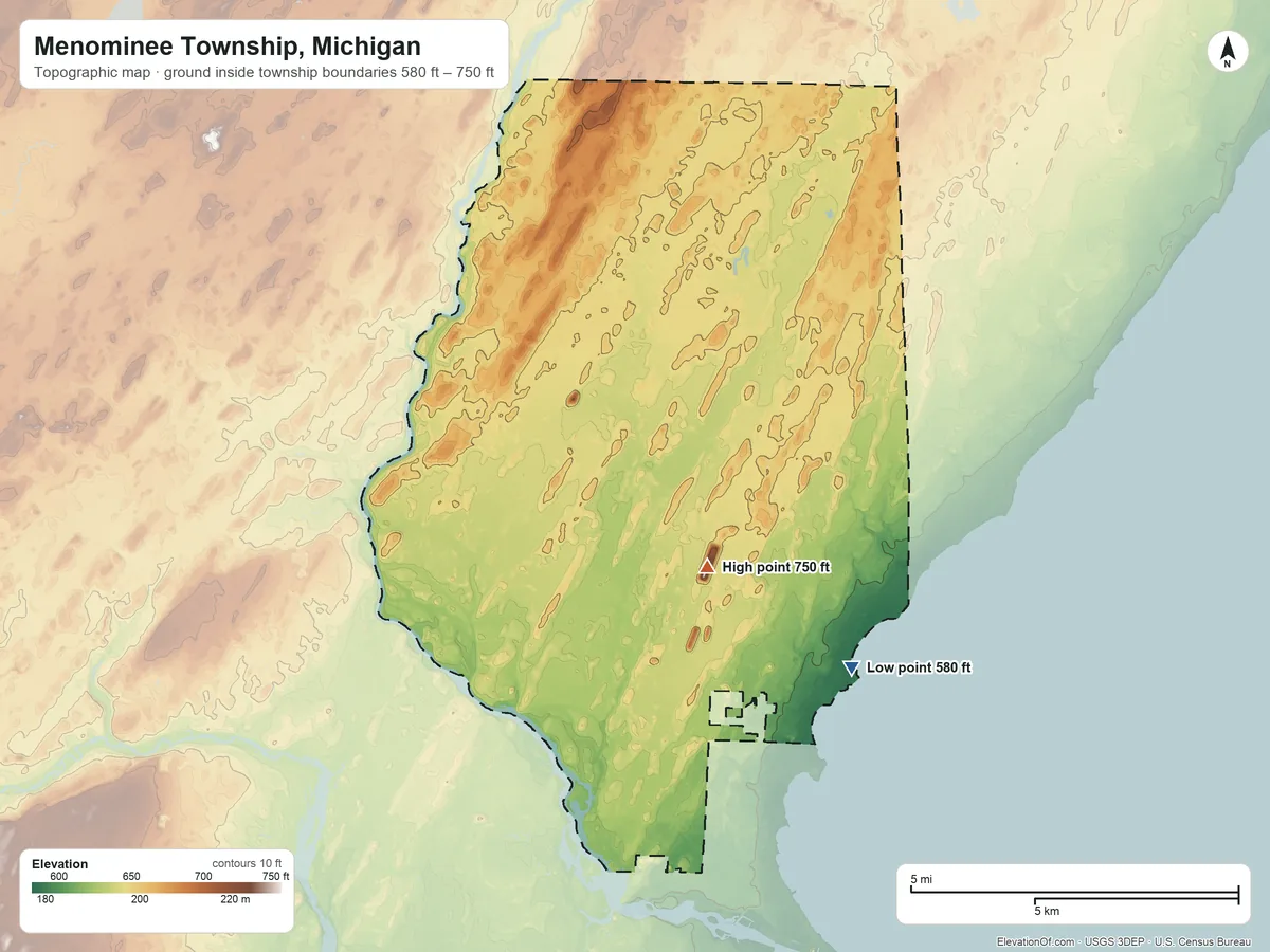 Topographic elevation map of Menominee Township, Michigan, shaded from 580 ft on the southeast side to 750 ft near the middle