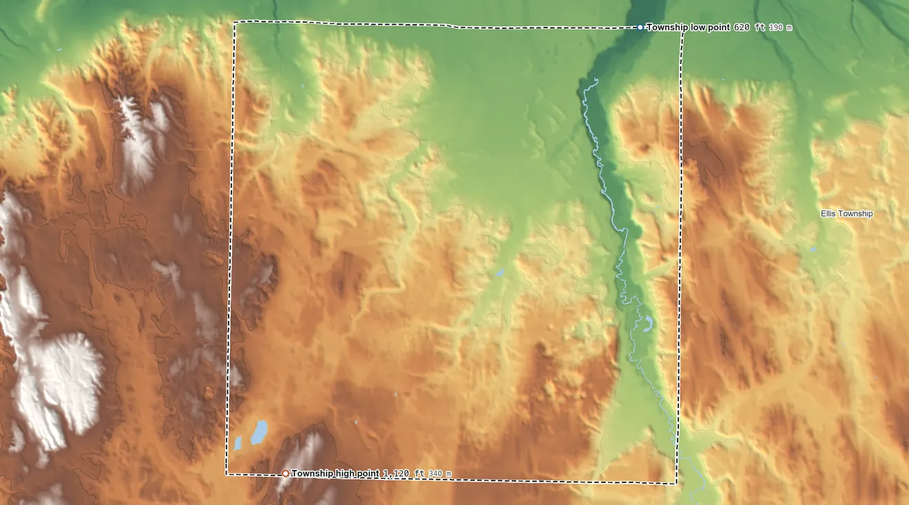 Topographic elevation map of Mentor Township, Cheboygan County, Michigan, shaded from 620 ft on the north side to 1,120 ft on the southwest side