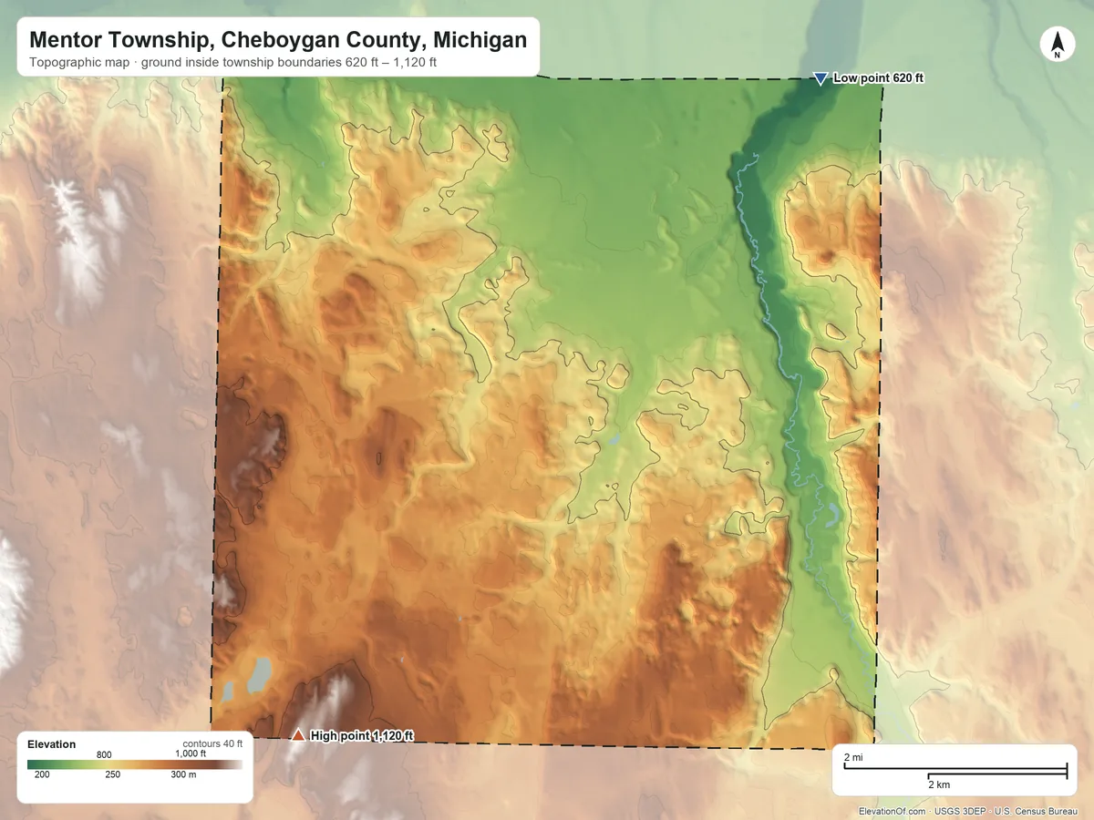 Topographic elevation map of Mentor Township, Cheboygan County, Michigan, shaded from 620 ft on the north side to 1,120 ft on the southwest side
