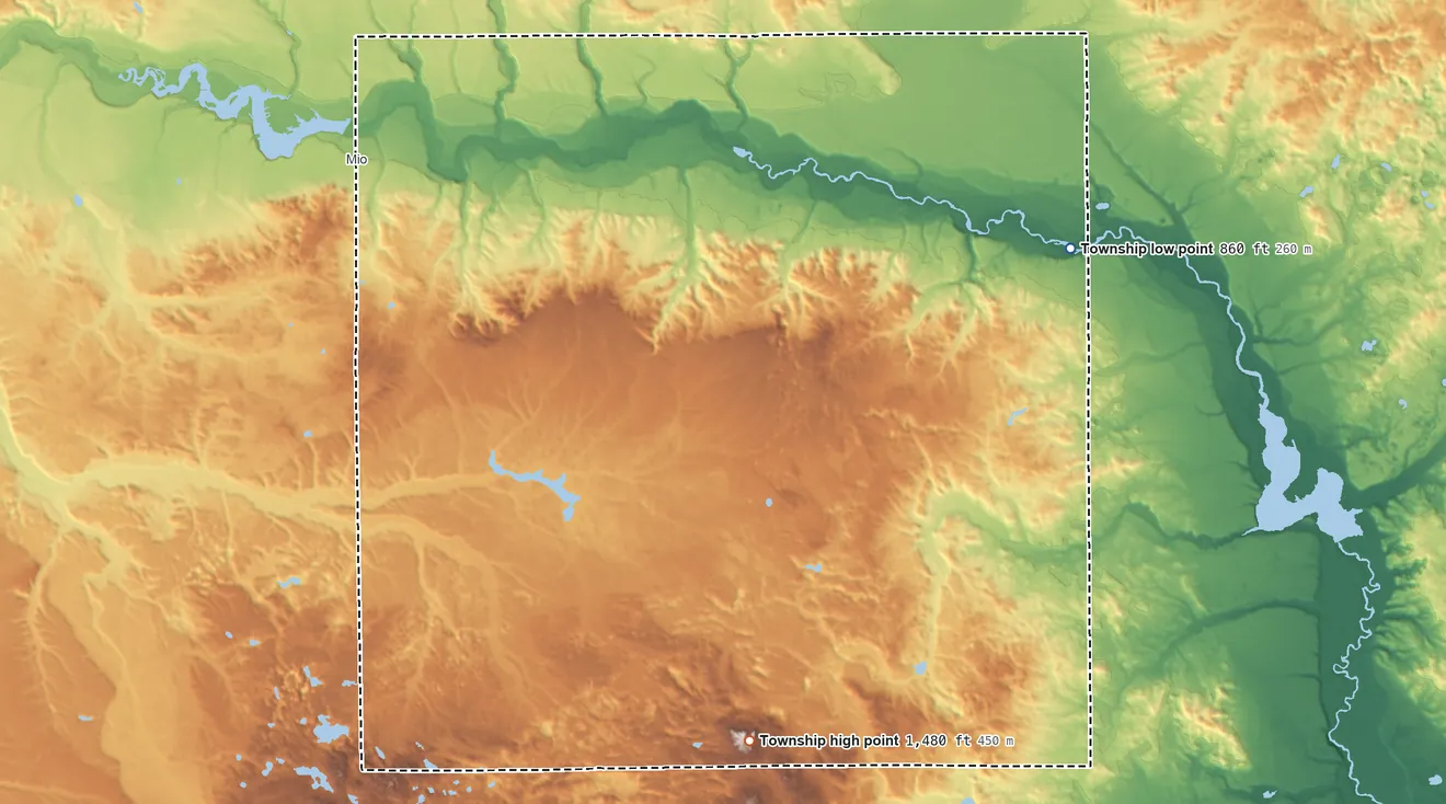 Topographic elevation map of Mentor Township, Michigan, shaded from 860 ft on the east side to 1,480 ft on the southeast side