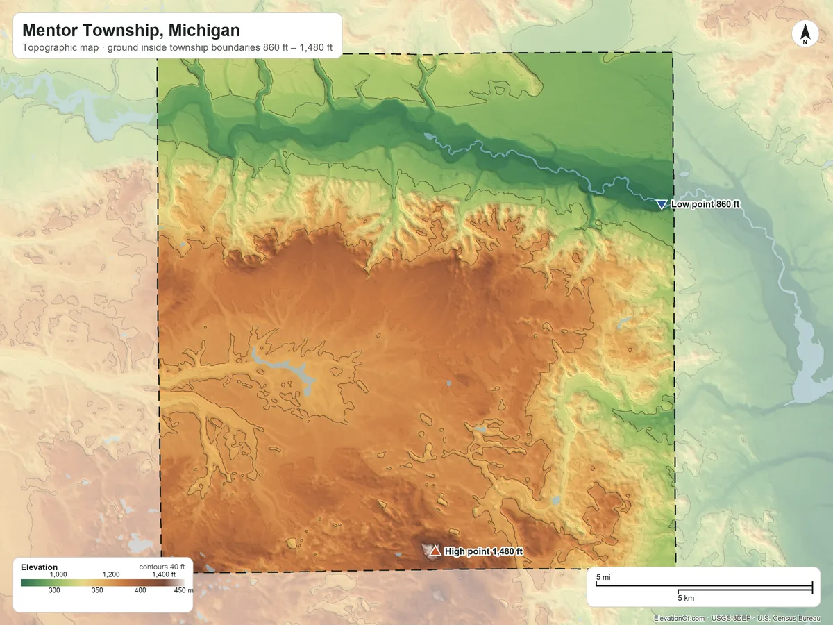 Topographic elevation map of Mentor Township, Michigan, shaded from 860 ft on the east side to 1,480 ft on the southeast side