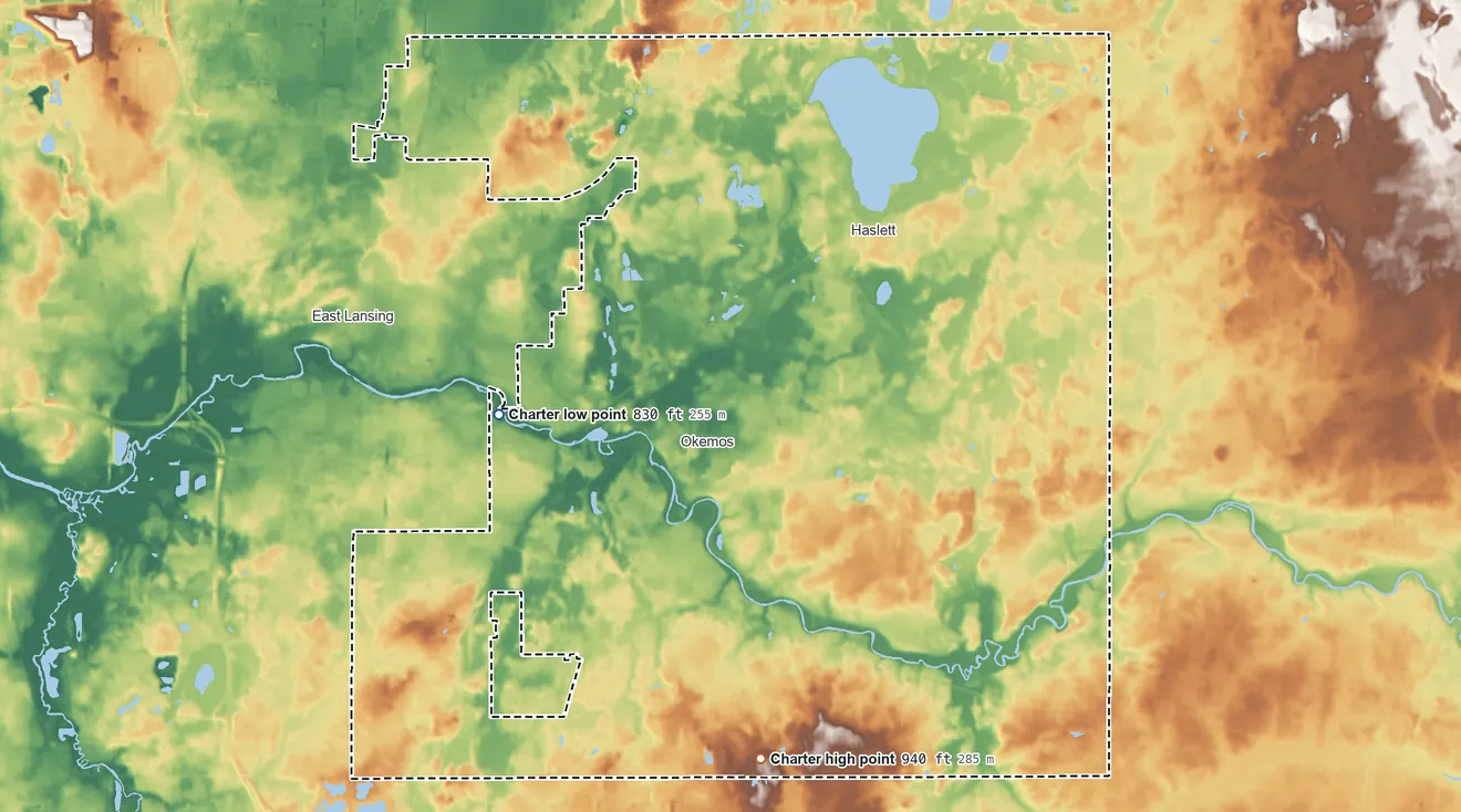 Topographic elevation map of Meridian Township, Michigan, shaded from 830 ft on the west side to 940 ft on the south side