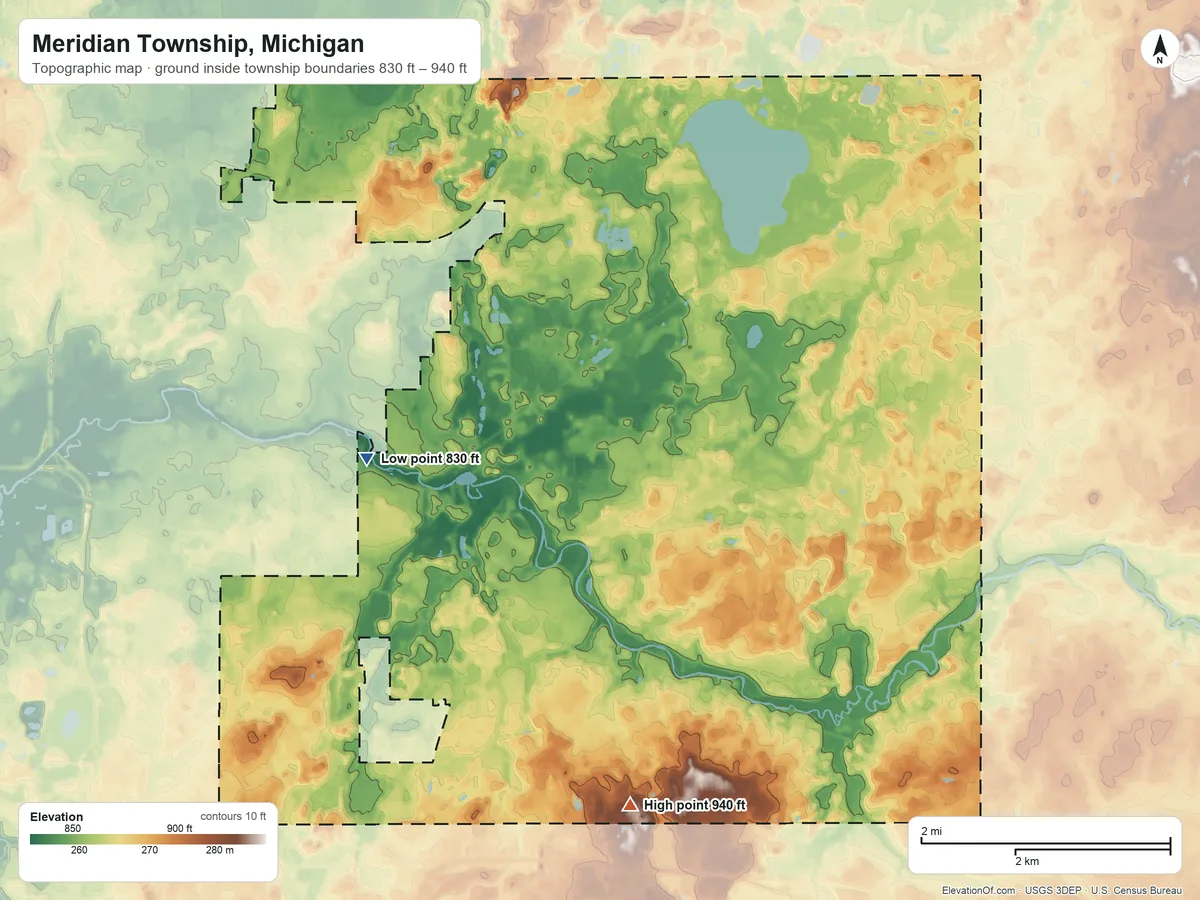 Topographic elevation map of Meridian Township, Michigan, shaded from 830 ft on the west side to 940 ft on the south side