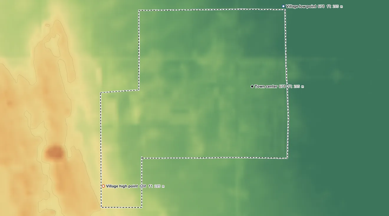 Topographic elevation map of Merrill, Michigan, shaded from 670 ft on the north side to 680 ft on the southwest side