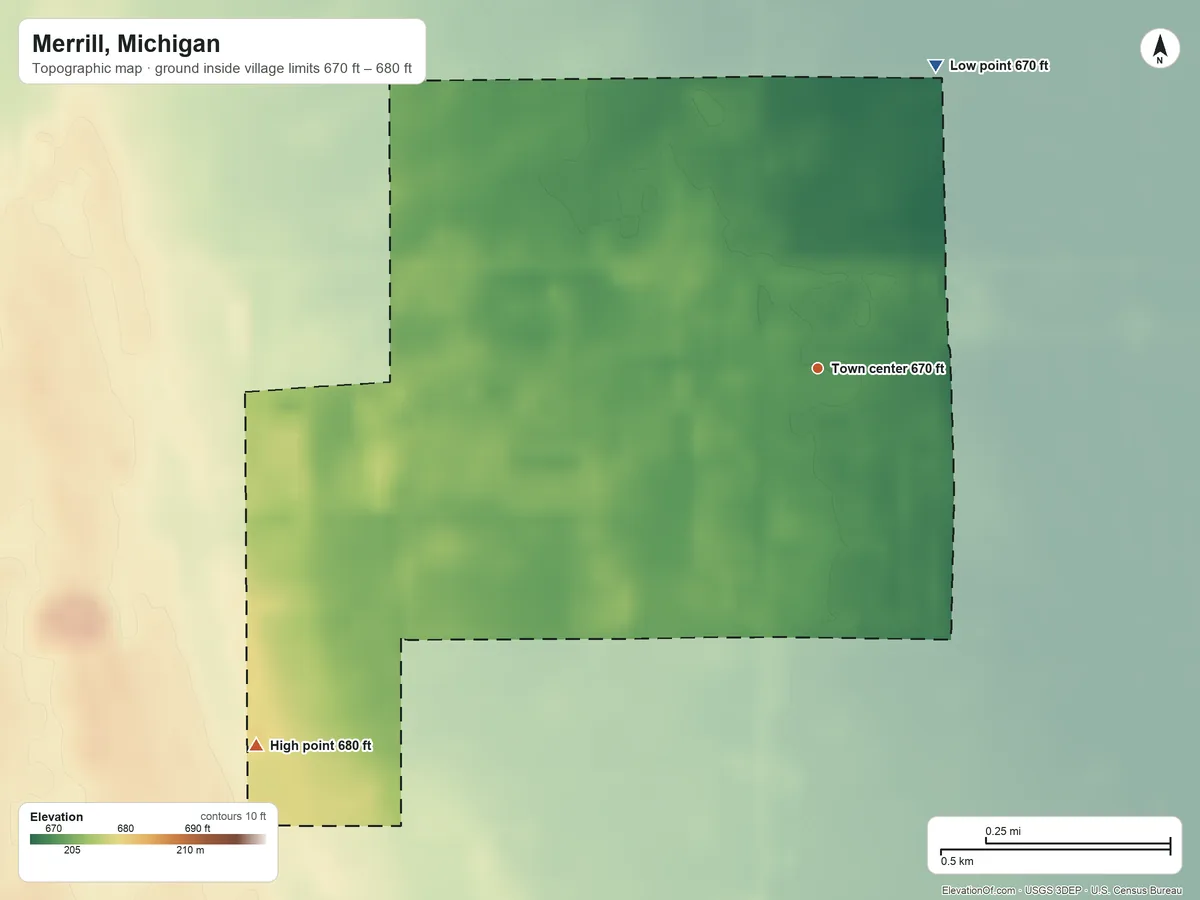 Topographic elevation map of Merrill, Michigan, shaded from 670 ft on the north side to 680 ft on the southwest side