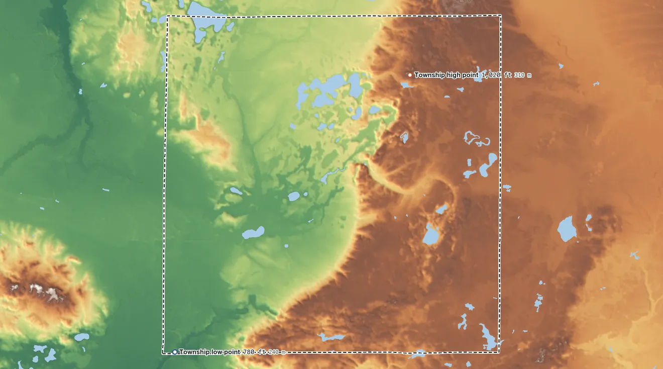 Topographic elevation map of Merrill Township, Michigan, shaded from 780 ft on the southwest side to 1,020 ft near the middle