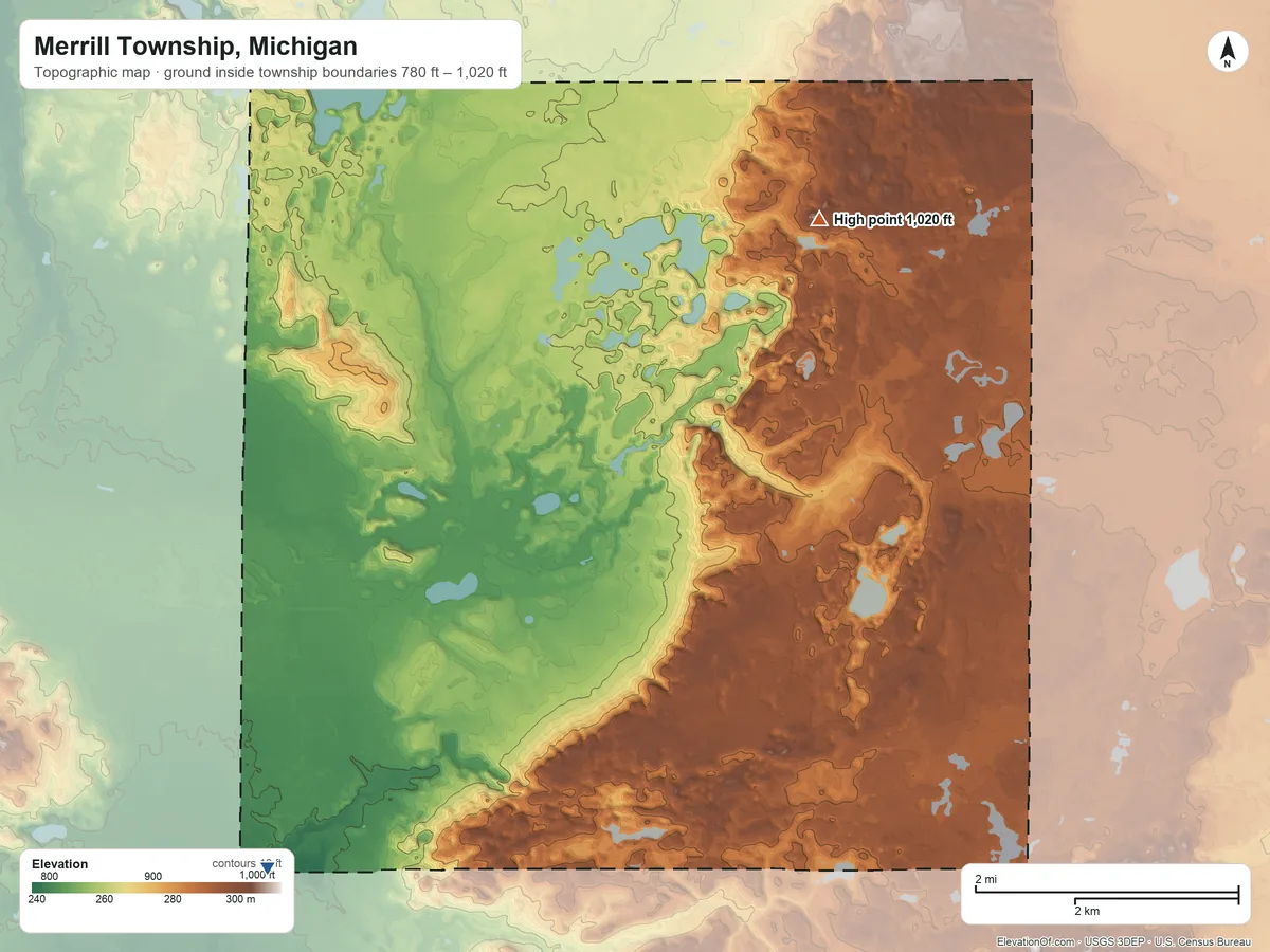 Topographic elevation map of Merrill Township, Michigan, shaded from 780 ft on the southwest side to 1,020 ft near the middle