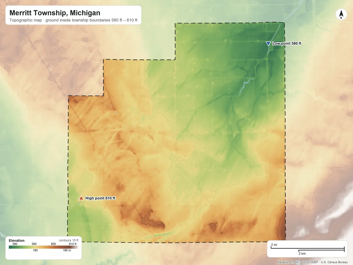 Topographic elevation map of Merritt Township, Michigan, shaded from 580 ft on the northeast side to 610 ft on the southwest side