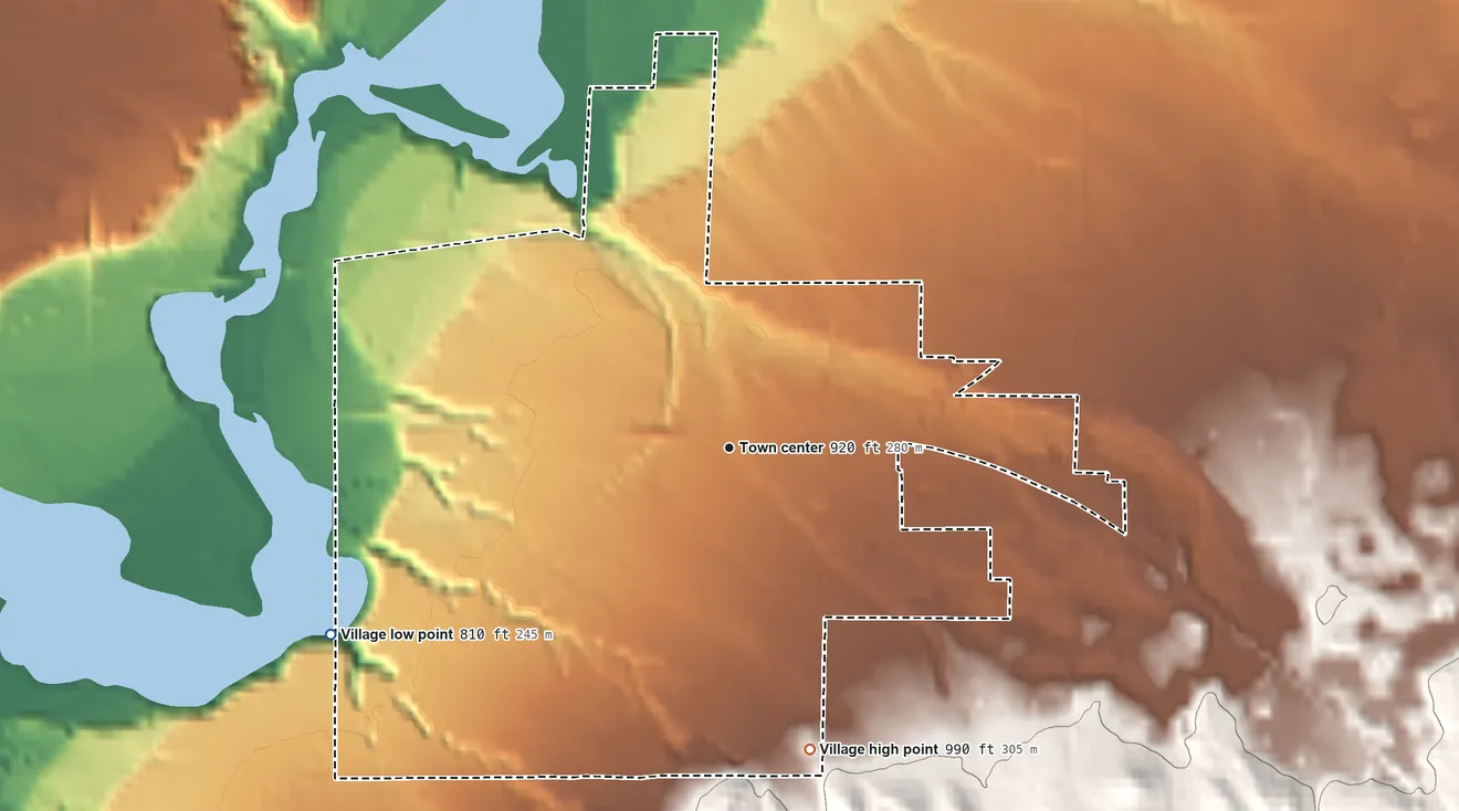 Topographic elevation map of Mesick, Michigan, shaded from 810 ft on the southwest side to 990 ft on the south edge, below higher ground just outside