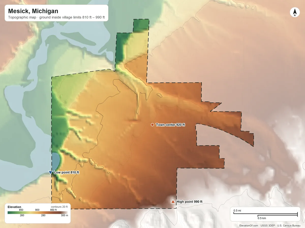 Topographic elevation map of Mesick, Michigan, shaded from 810 ft on the southwest side to 990 ft on the south edge, below higher ground just outside