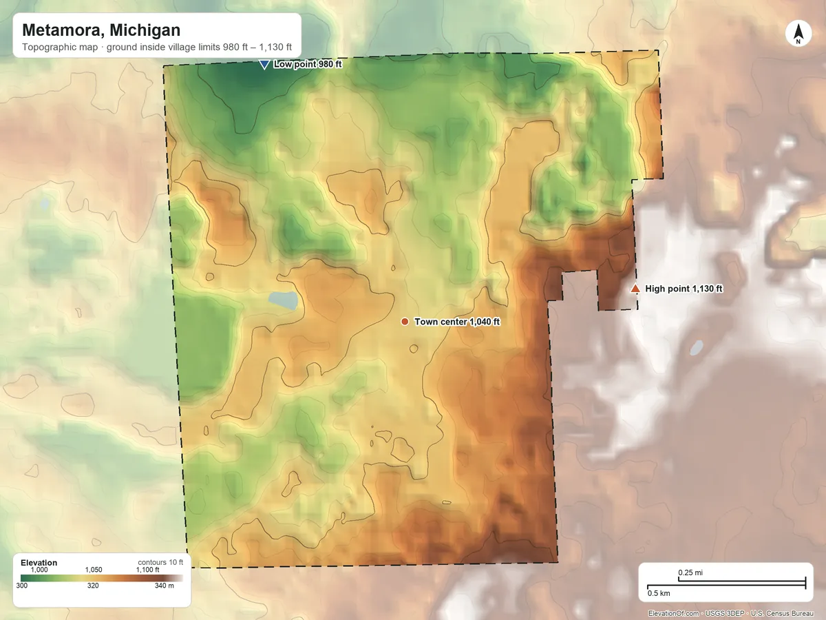 Topographic elevation map of Metamora, Michigan, shaded from 980 ft on the northwest side to 1,130 ft on the east side