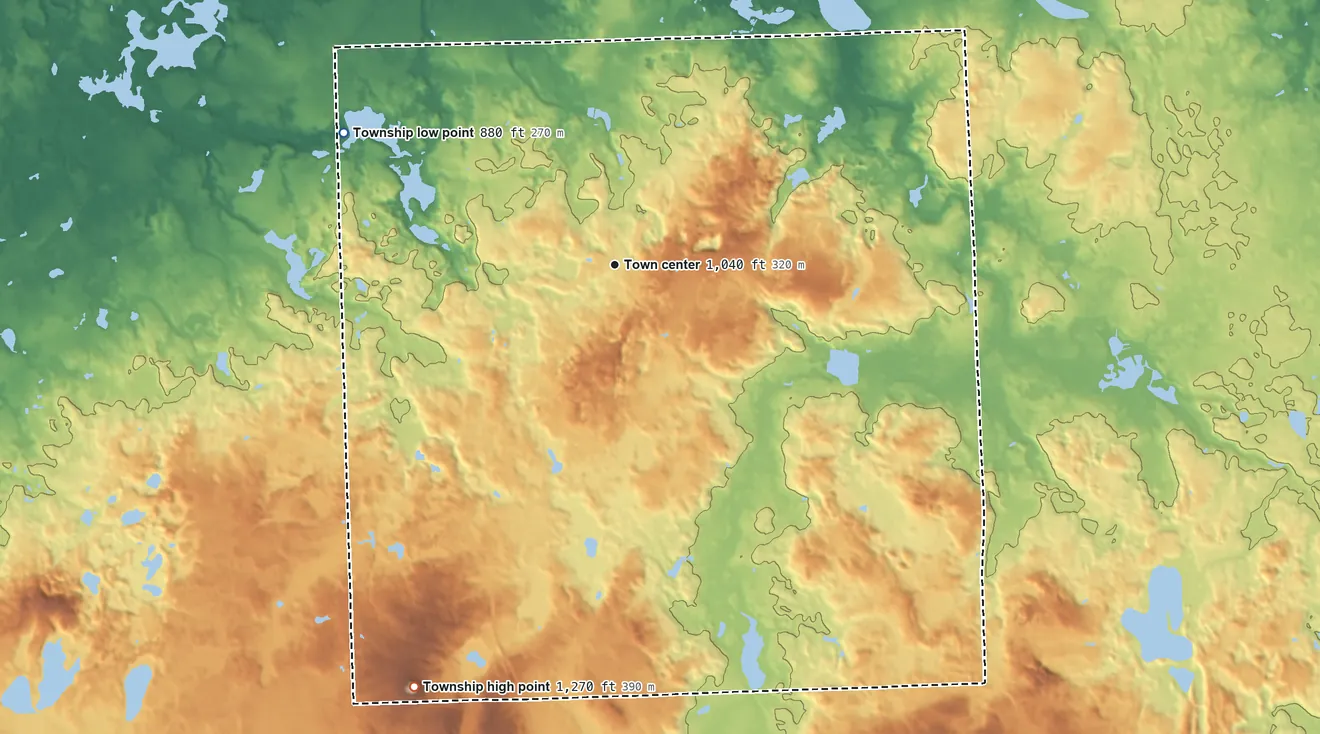 Topographic elevation map of Metamora Township, Michigan, shaded from 880 ft on the northwest side to 1,270 ft on Mount Christie
