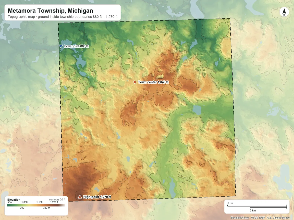 Topographic elevation map of Metamora Township, Michigan, shaded from 880 ft on the northwest side to 1,270 ft on Mount Christie