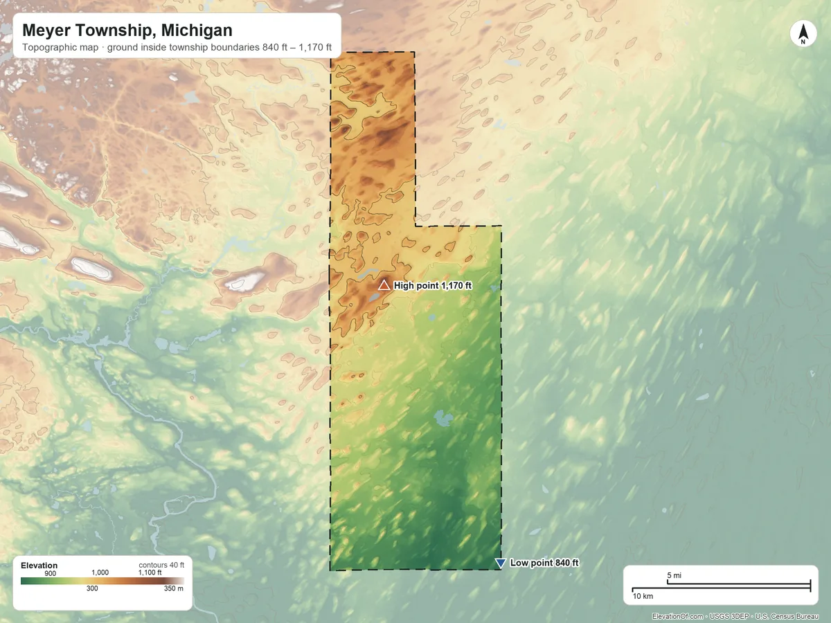 Topographic elevation map of Meyer Township, Michigan, shaded from 840 ft on the south side to 1,170 ft on the northwest side