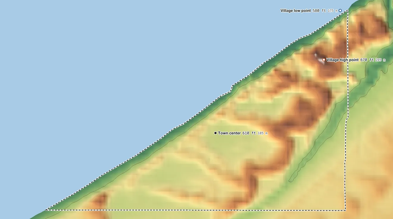 Topographic elevation map of Michiana, Michigan, shaded from 580 ft on the northeast side to 670 ft on the northeast side