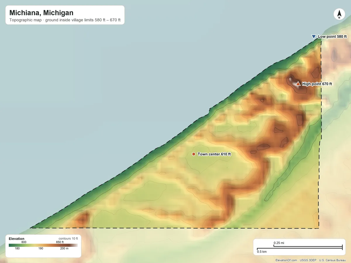 Topographic elevation map of Michiana, Michigan, shaded from 580 ft on the northeast side to 670 ft on the northeast side