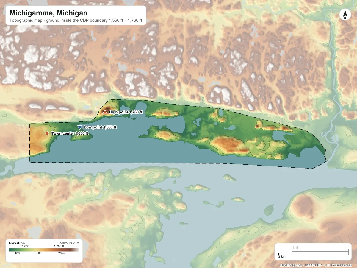 Topographic elevation map of Michigamme, Michigan, shaded from 1,550 ft on the east side to 1,760 ft on the east side