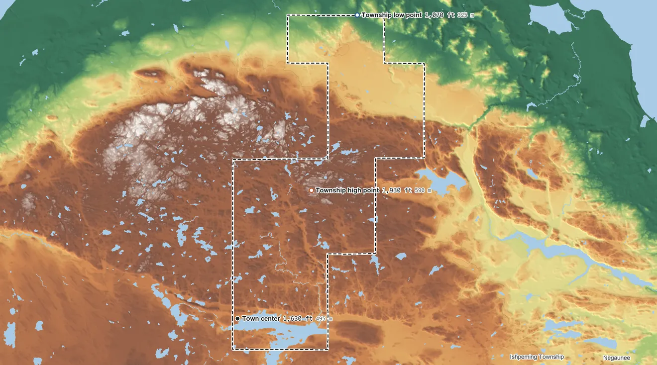 Topographic elevation map of Michigamme Township, Michigan, shaded from 1,070 ft on the north side to 1,930 ft on the northeast side