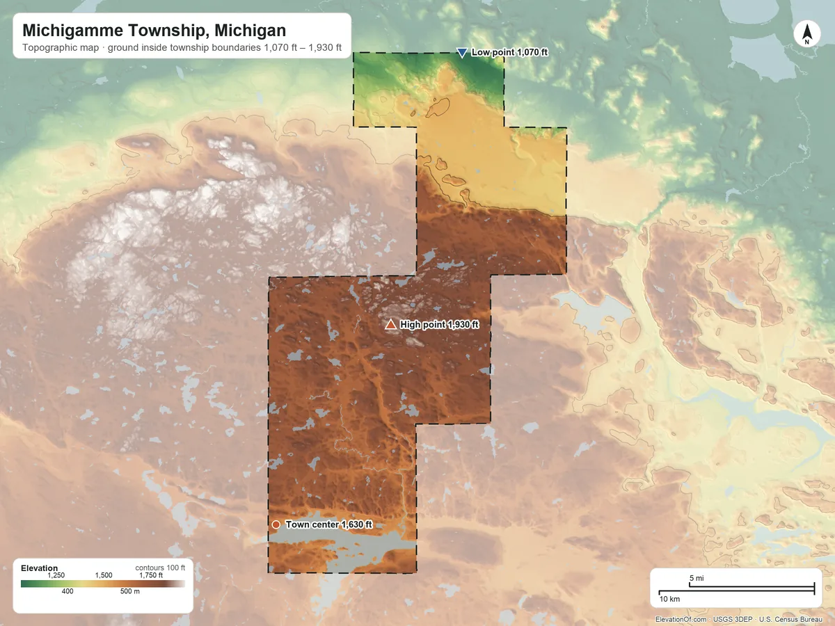 Topographic elevation map of Michigamme Township, Michigan, shaded from 1,070 ft on the north side to 1,930 ft on the northeast side