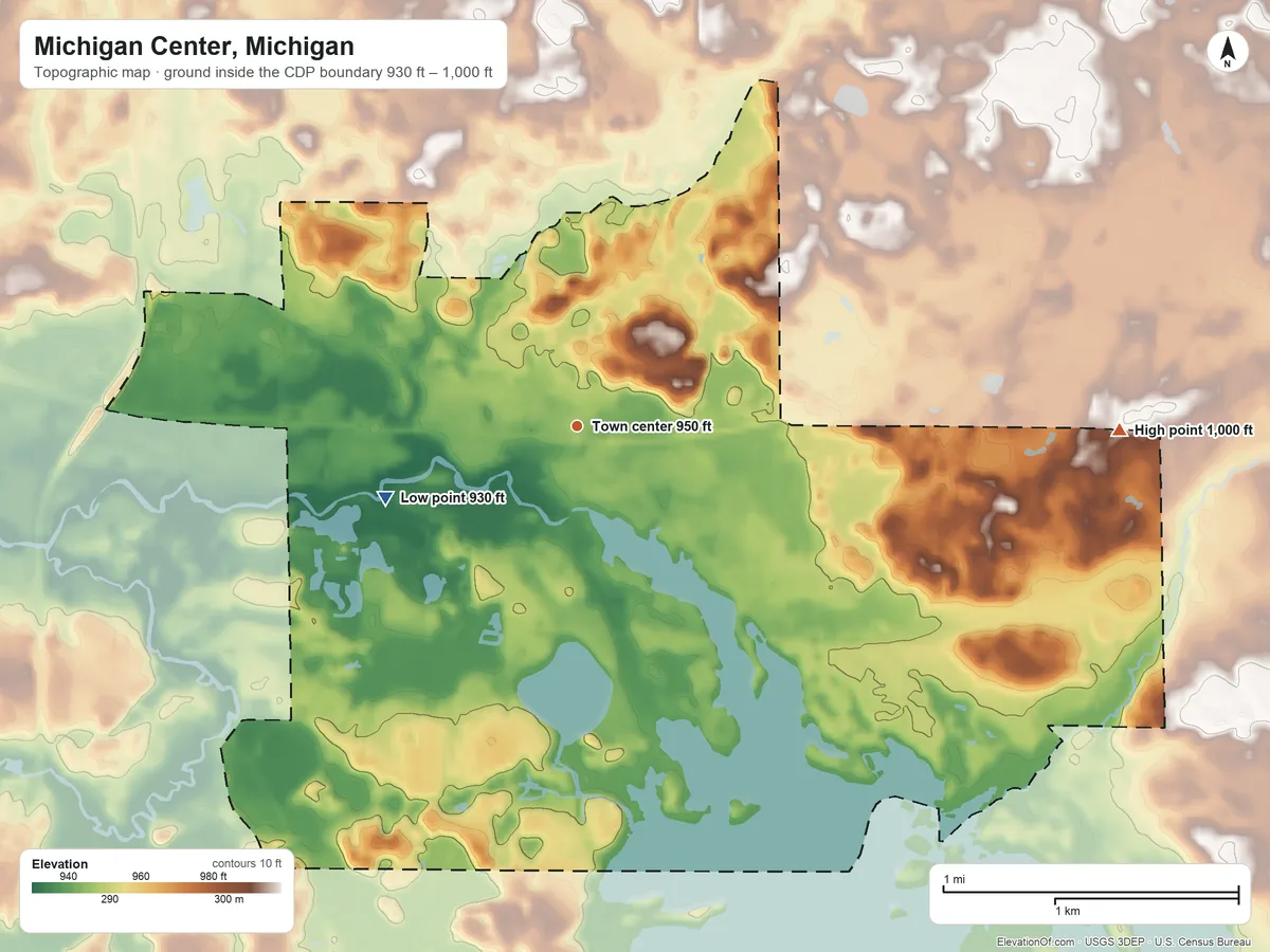 Topographic elevation map of Michigan Center, Michigan, shaded from 930 ft on the west side to 1,000 ft on the east side