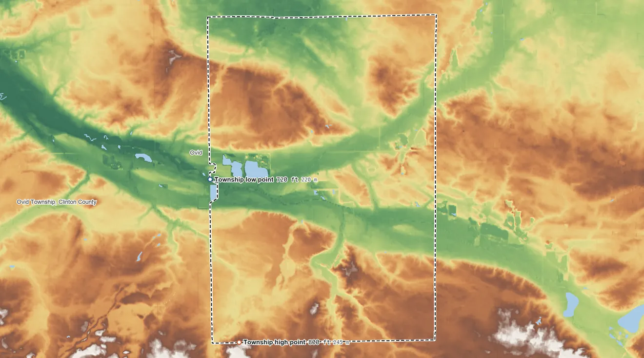 Topographic elevation map of Middlebury Township, Michigan, shaded from 720 ft on the west side to 800 ft on the south side