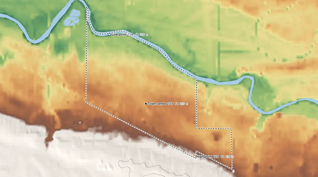 Topographic elevation map of Middletown, Michigan, shaded from 720 ft on the northwest side to 760 ft on the southeast side