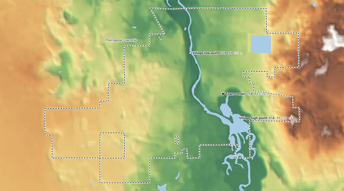 Topographic elevation map of Middleville, Michigan, shaded from 710 ft on the northwest side to 950 ft on the east side